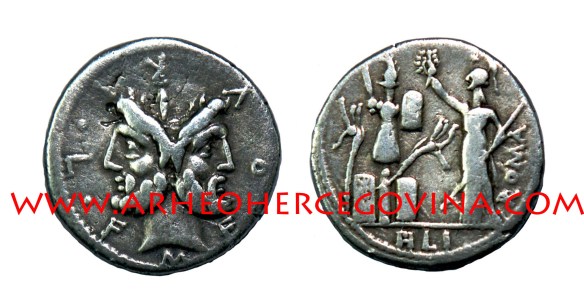 Denar M Furius Philus, kovnica Roma, 119. pr. Kr. nalazište Hardomilje Ljubuški, avers okrunjena glava Janusa, revers prikaz božice Rome sa žezlom kako kruni tropej (foto I. Dragicevic)