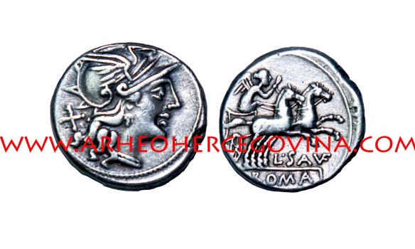 Srebreni denar, L. Saufeius, 152. pr. Kr., kovnica Roma, nalazište Duvanjsko polje, avers glava Rome sa kacigom, revers prikaz Viktorije u bigi (dvopreg) 