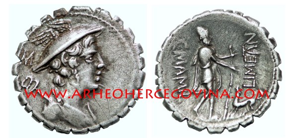 Denarius Serratus, srebreni nazubljeni denar serat, 82. pr. Kr. kovnica Roma, nalazište Duvanjsko polje, avers prikaz boga Merkura s kaducejom, revers prikaz Ulyssesa sa štapom i psom Argusom (foto I. Dragicevic)